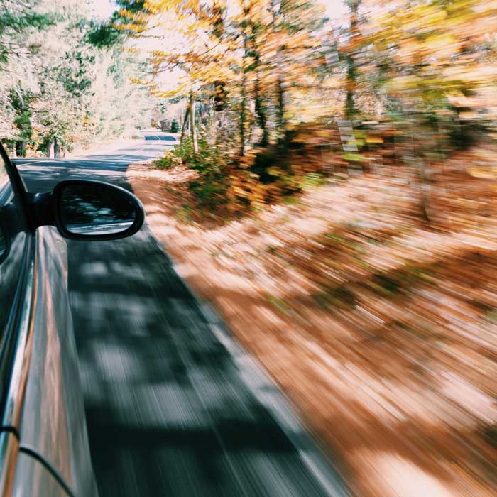 car in motion driving through forest